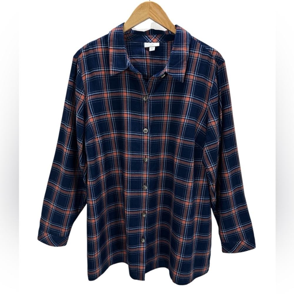 J. Jill Plaid Cotton Soft Plaid Button Front Tunic Shirt Western Navy Orange XL
